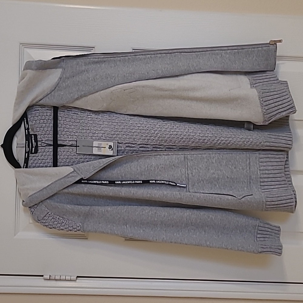 NWT Karl Lagerfeld Gray Hooded Sweater Jacket with Patches Size M - Picture 10 of 10